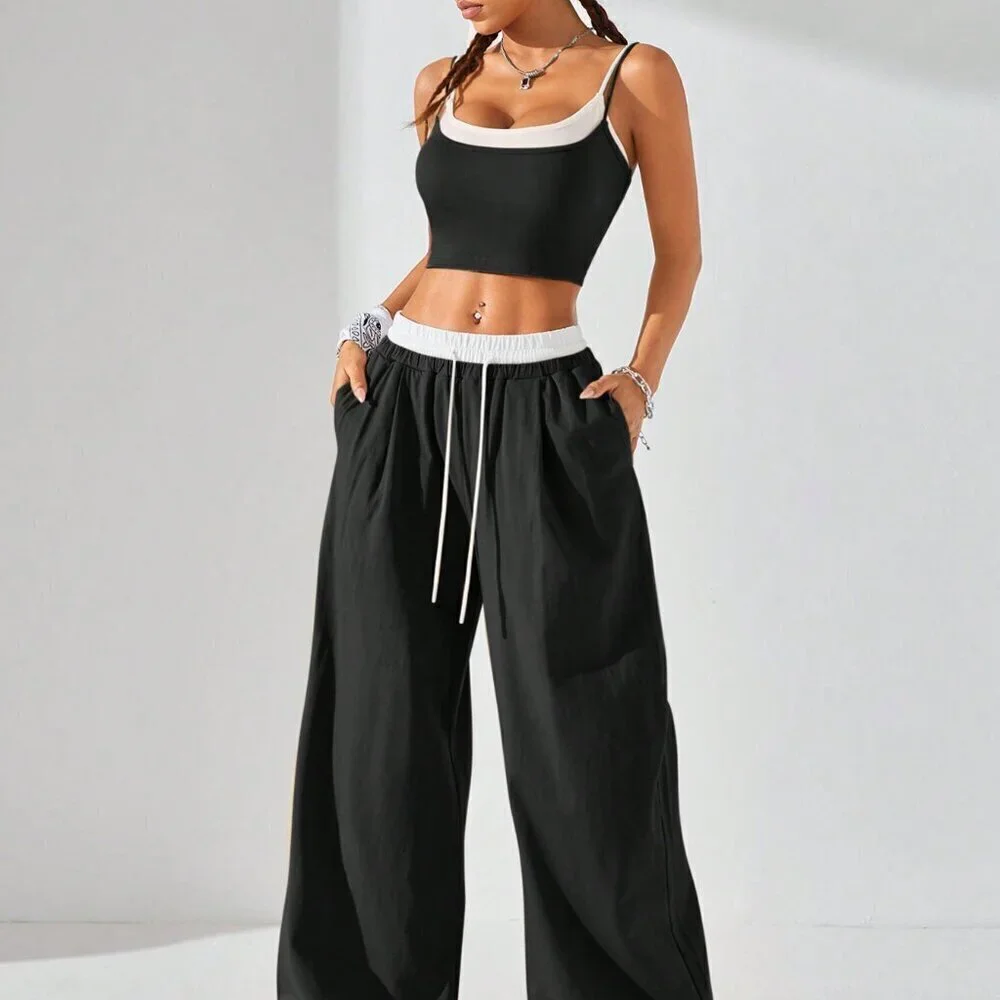 Black and White Casual Women's Sport Knit Tank Top & Sweatpants